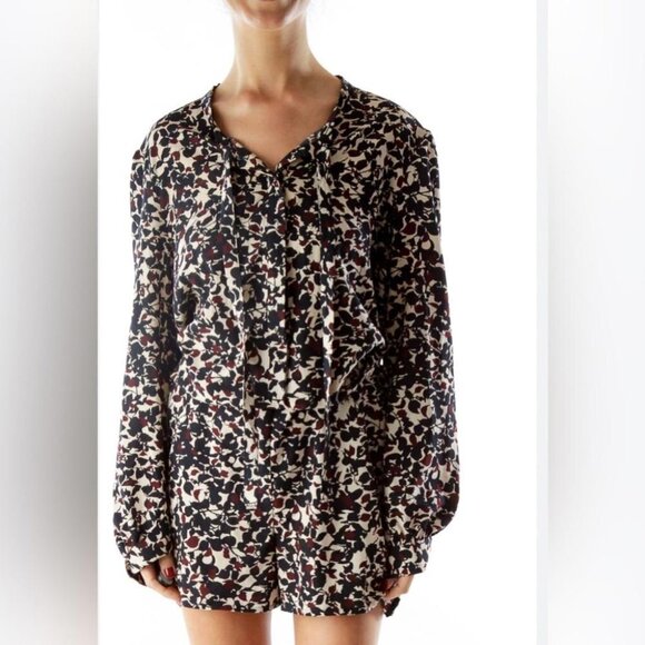 LOFT Womens Size 2 Navy Blue Burgundy Cream Floral Long Sleeve Tie Neck Romper - Picture 1 of 15